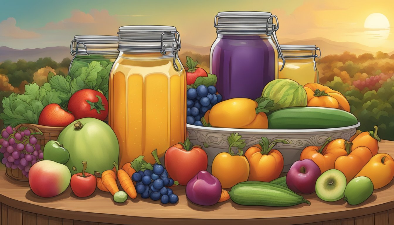 A colorful array of fruits and vegetables arranged around a jar of pectin, with a Texas backdrop