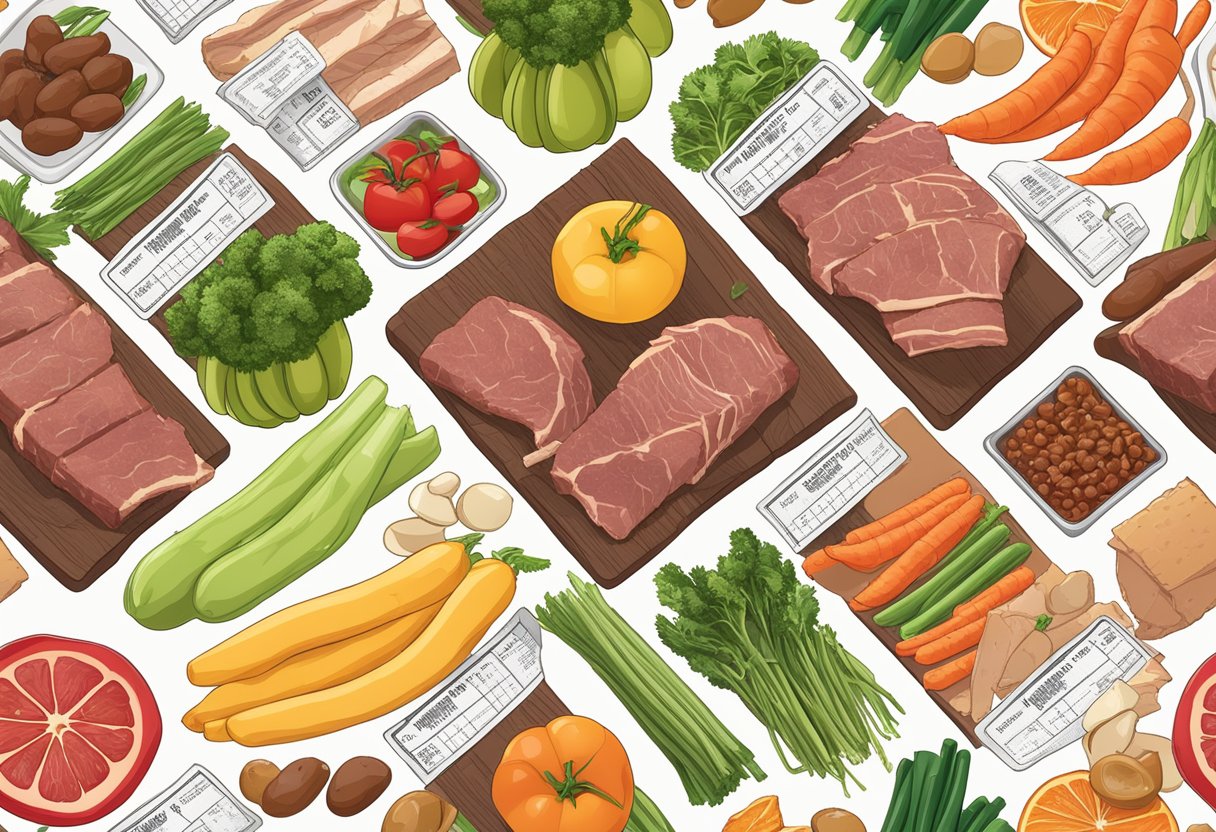 A variety of jerky types (beef, turkey, etc.) arranged with fresh vegetables and fruits, alongside a nutrition label and a question mark