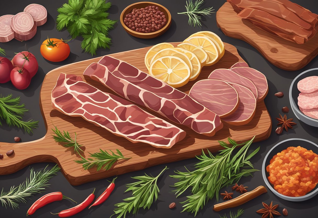 A variety of processed meat products displayed on a wooden cutting board, including jerky, surrounded by fresh herbs and spices