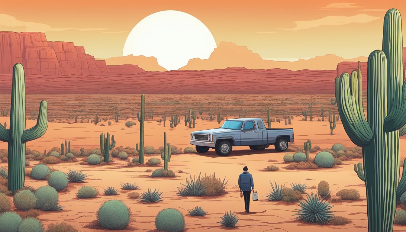 A lone figure stands in a Texas desert, surrounded by towering cacti and a vast expanse of red earth. In the distance, a mirage of a giant fast food burger and soda appears, symbolizing the struggle with food cravings and addictions