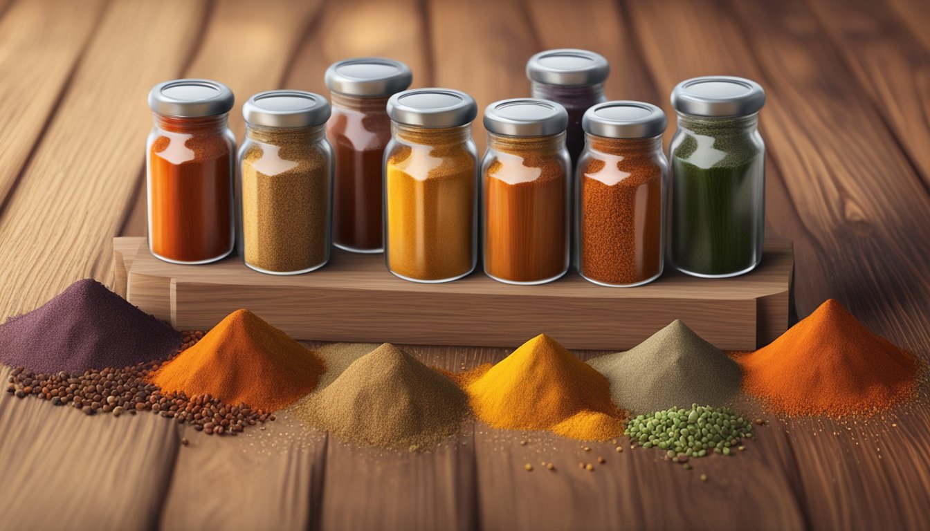 A variety of spices and condiments arranged on a wooden table, including chili powder, cumin, garlic powder, paprika, and salt