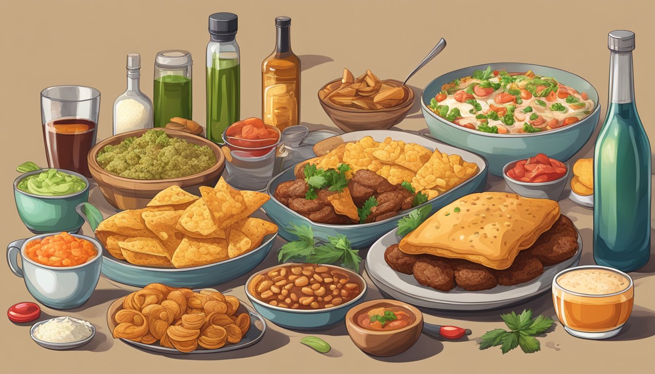 A table filled with delicious Texan cuisine on one side, and a collection of addictive substances on the other