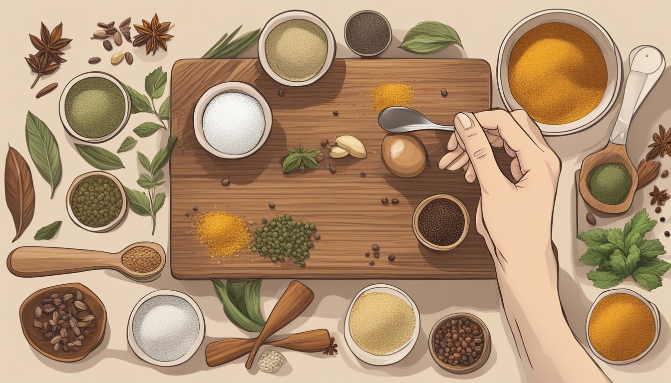 A hand reaching for various spices arranged on a wooden cutting board, with measuring spoons and a small bowl nearby