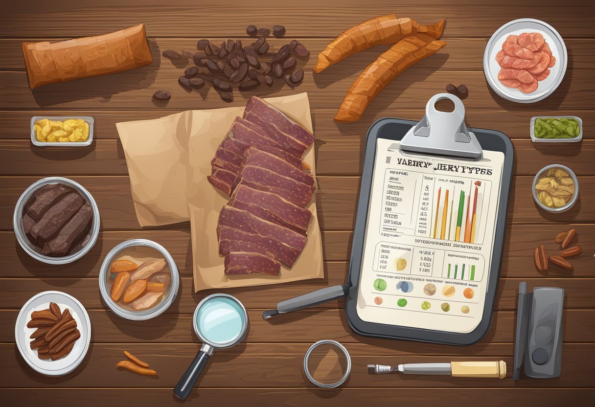 A variety of jerky types and packaging arranged on a wooden table with a nutrition chart and a magnifying glass for examination