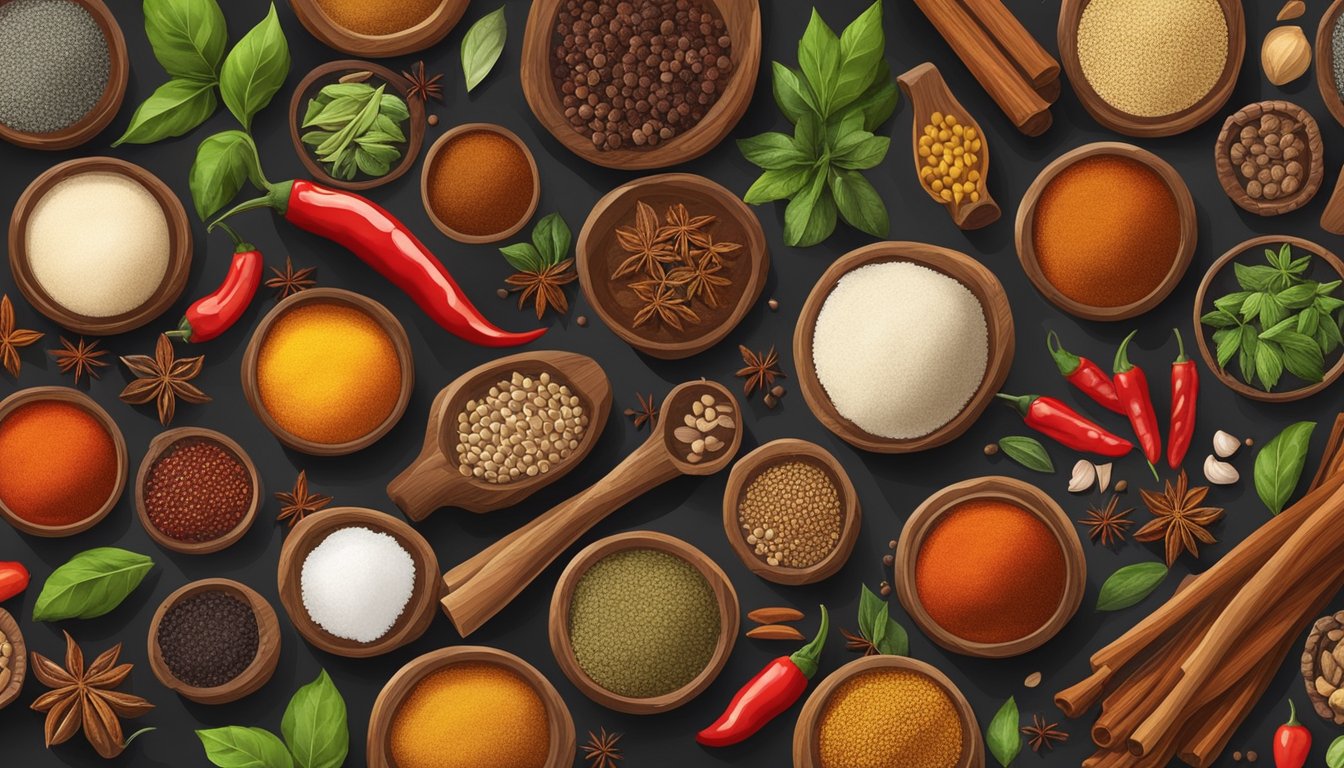 A rustic kitchen counter with various spices and herbs arranged in a colorful array, including chili powder, cumin, paprika, and garlic powder