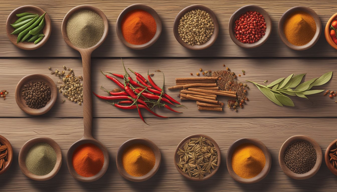 A colorful array of Tex-Mex spices and herbs arranged on a rustic wooden table, with vibrant red chili peppers and earthy cumin seeds as the focal point