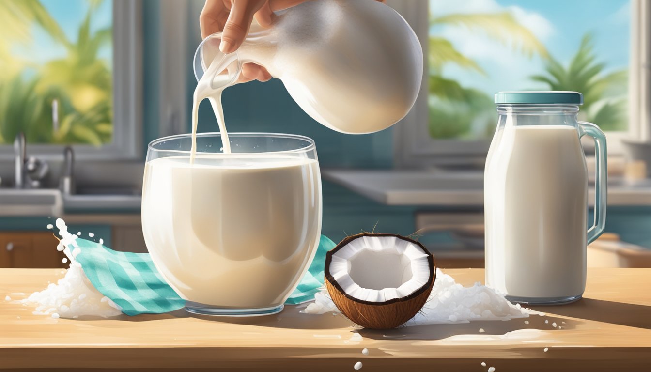 A coconut being cracked open and the milk being poured into a container in a sunny Texas kitchen