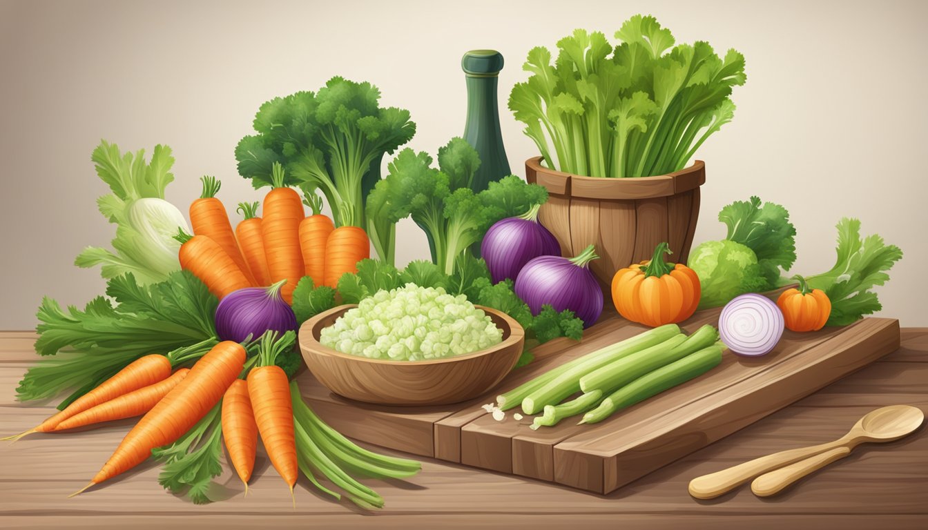 A rustic wooden table with a variety of fresh vegetables including celery, onions, and carrots, alongside a pot and ladle