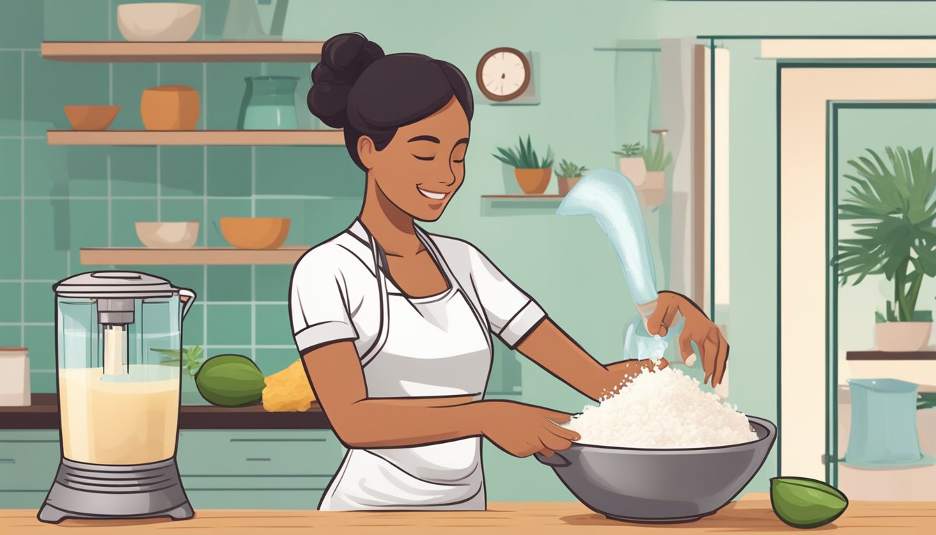 A woman blends fresh coconut meat and water in a blender, then strains the mixture through a cheesecloth to create homemade coconut milk