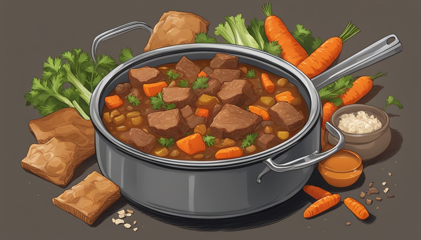 A bubbling pot of Texan stew with chunks of meat, carrots, and essential celery, simmering over a crackling fire