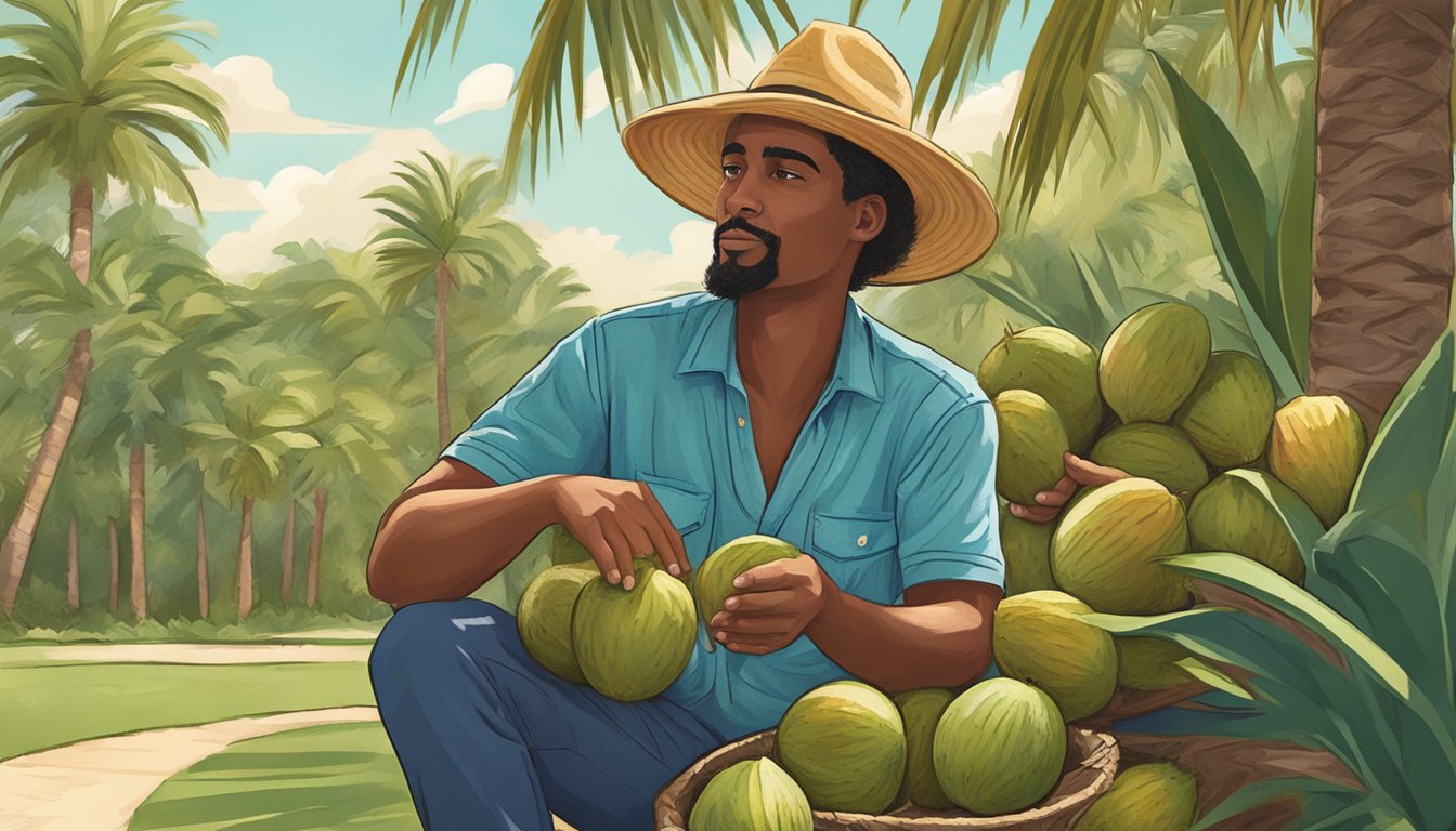 A person selecting ripe coconuts from a palm tree in a sunny Texas backyard