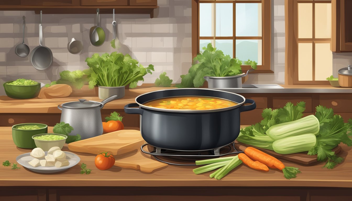 A rustic kitchen with a large pot simmering on a stove, filled with chunks of celery and other ingredients for Texan soups and broths