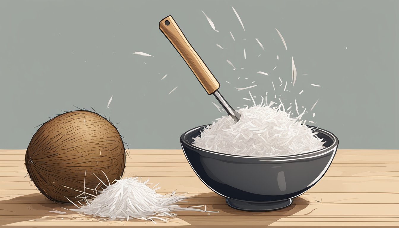 A coconut being cracked open with a hammer, with a bowl of shredded coconut and a blender on a kitchen counter in Texas