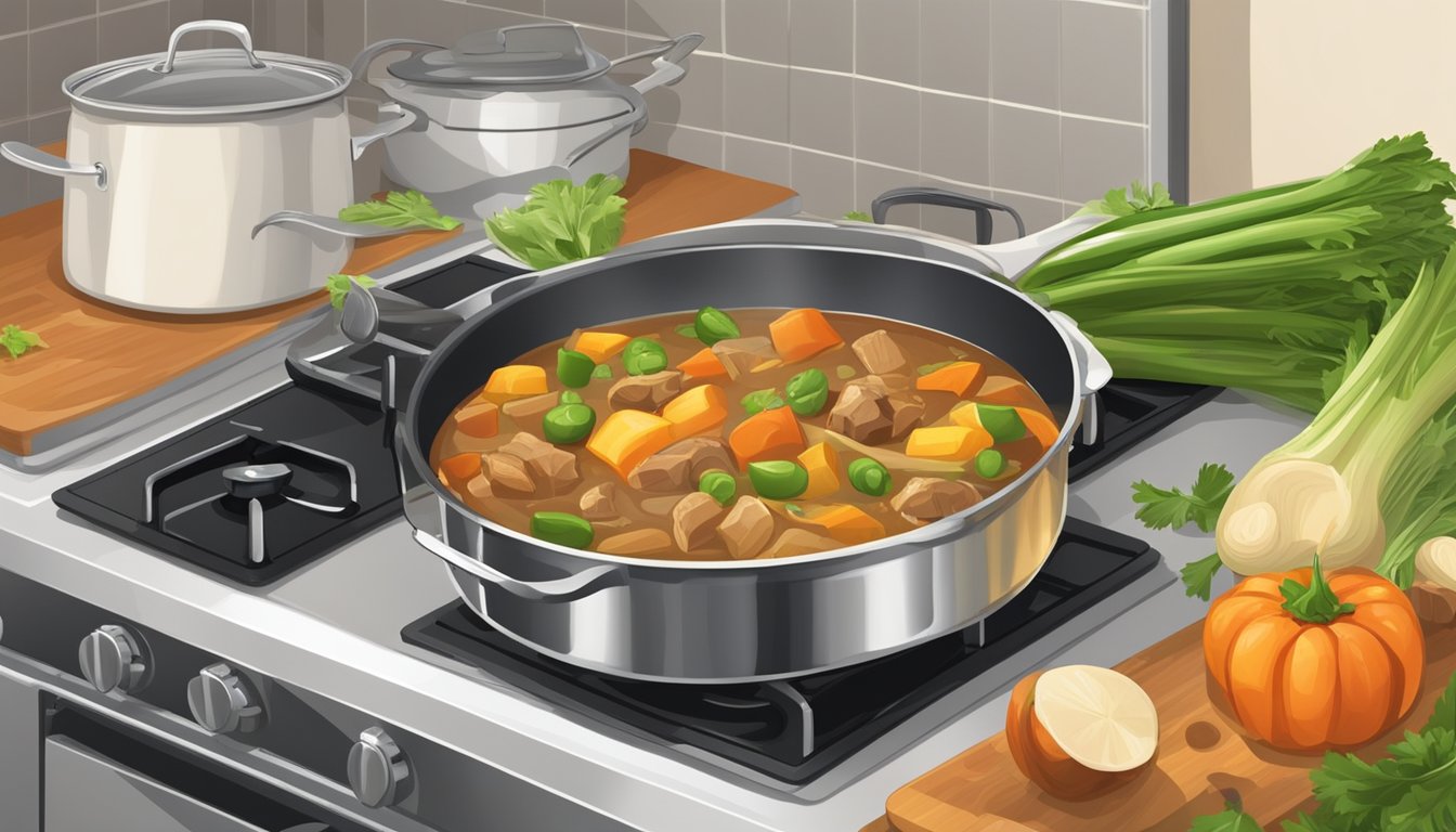 A pot of stew simmers on a stovetop, celery and other vegetables scattered nearby. Kitchen tools, like a ladle and cutting board, are ready for use