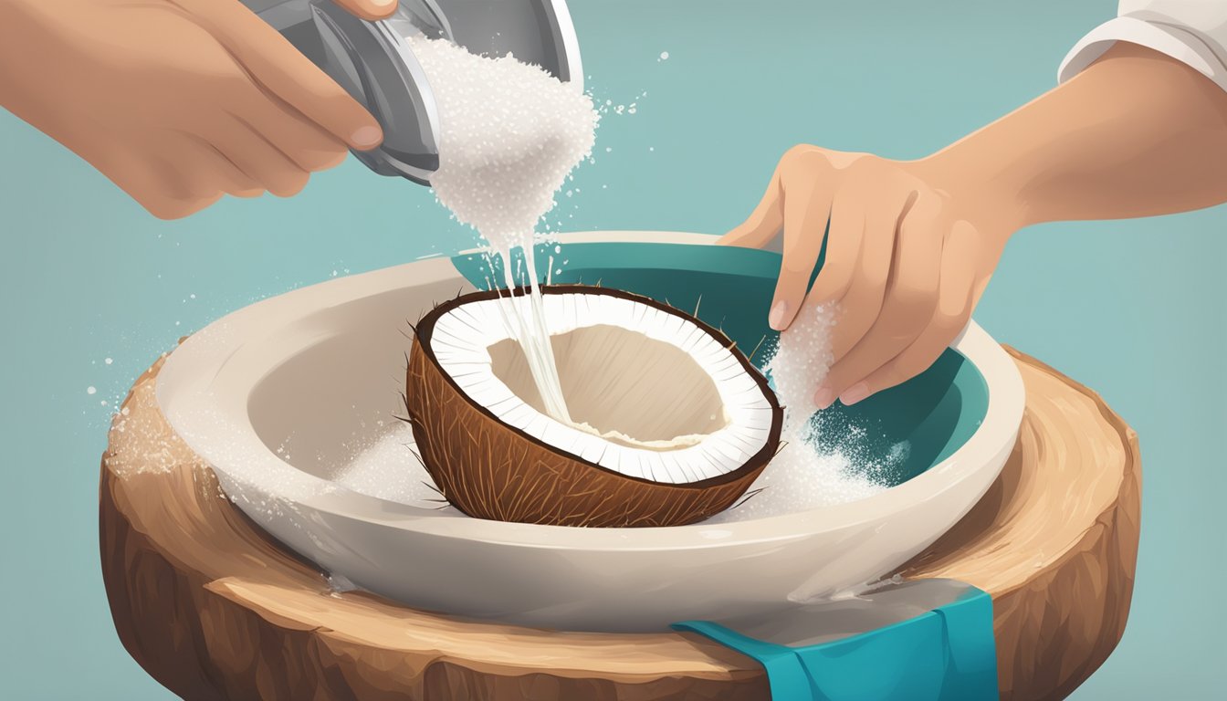 A coconut being cracked open and the flesh being grated into a bowl, followed by the flesh being blended with water and strained through a cheesecloth to create homemade coconut milk