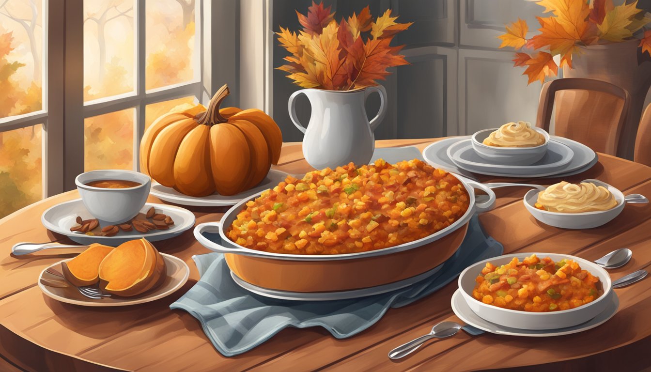 A cozy dining table set with a steaming sweet potato casserole surrounded by autumnal decor and foliage