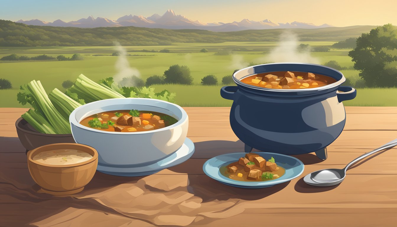 A bubbling pot of stew with chunks of celery and a bowl of hot soup, set against the backdrop of a Texas landscape