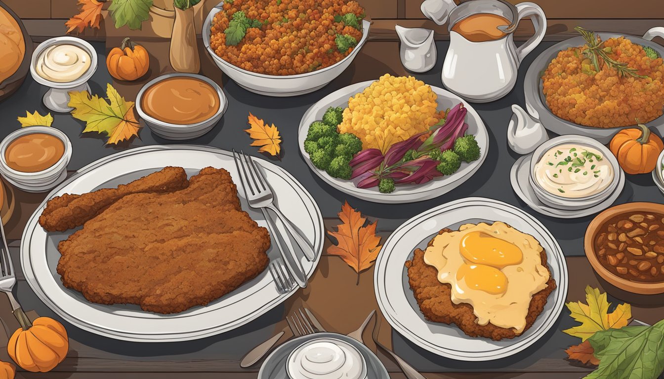 A sizzling chicken fried steak surrounded by fall-themed seasonal dishes in a Texas restaurant