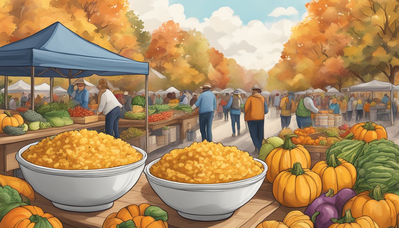 A steaming bowl of butternut squash risotto surrounded by fall foliage and seasonal produce at an outdoor Texas farmers' market