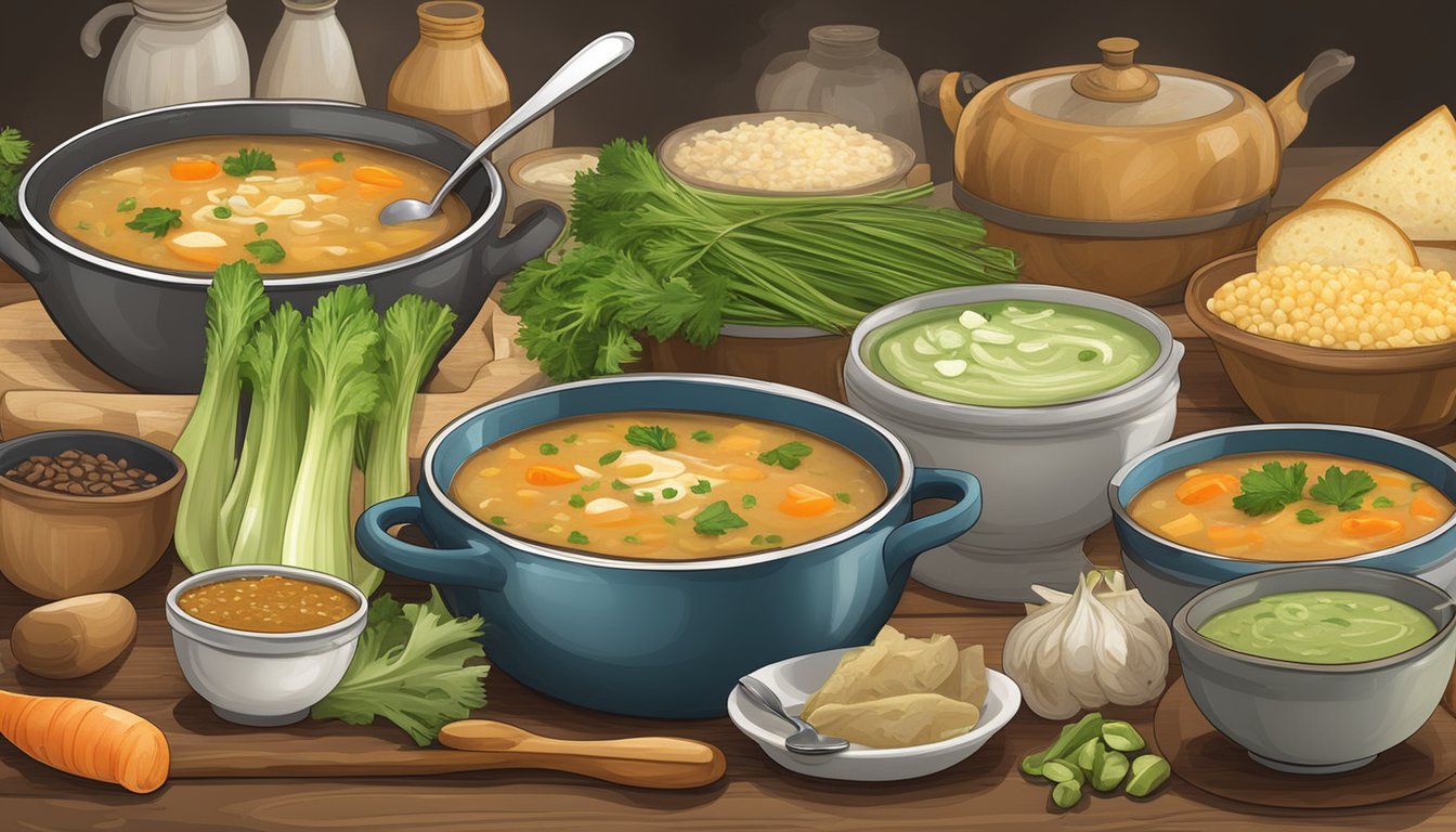 A rustic kitchen table with bowls of hearty Texas soups surrounded by fresh celery and other essential ingredients