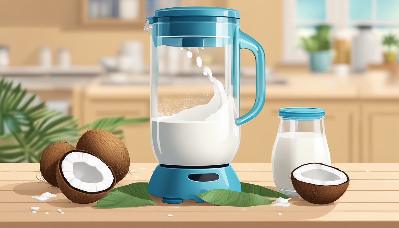 A person pouring fresh coconut milk from a blender into a glass jar, with a store-bought carton of coconut milk next to it