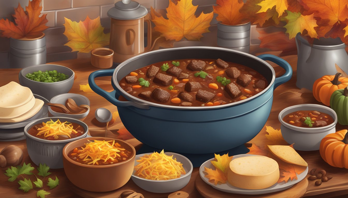 A steaming pot of smoky brisket chili surrounded by fall foliage and seasonal ingredients in a cozy Texas kitchen