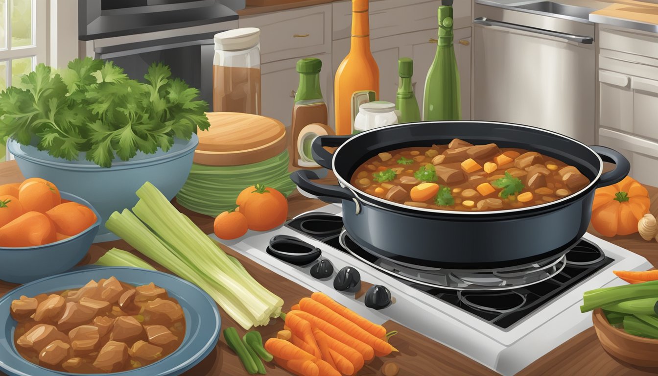 A bustling Texas kitchen with a pot of hearty stew simmering on the stove, surrounded by fresh celery, carrots, and other healthy ingredients