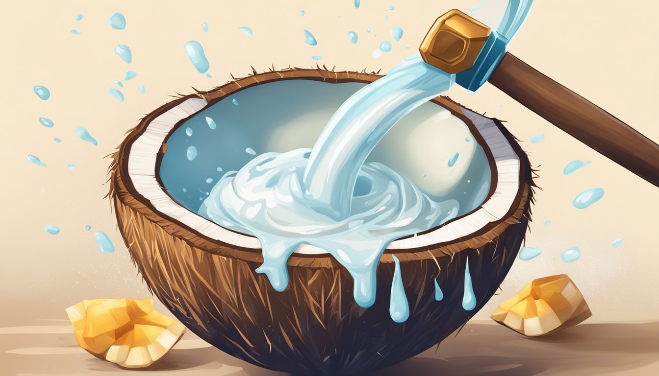 A coconut being cracked open with a hammer, with the milky liquid pouring out into a bowl