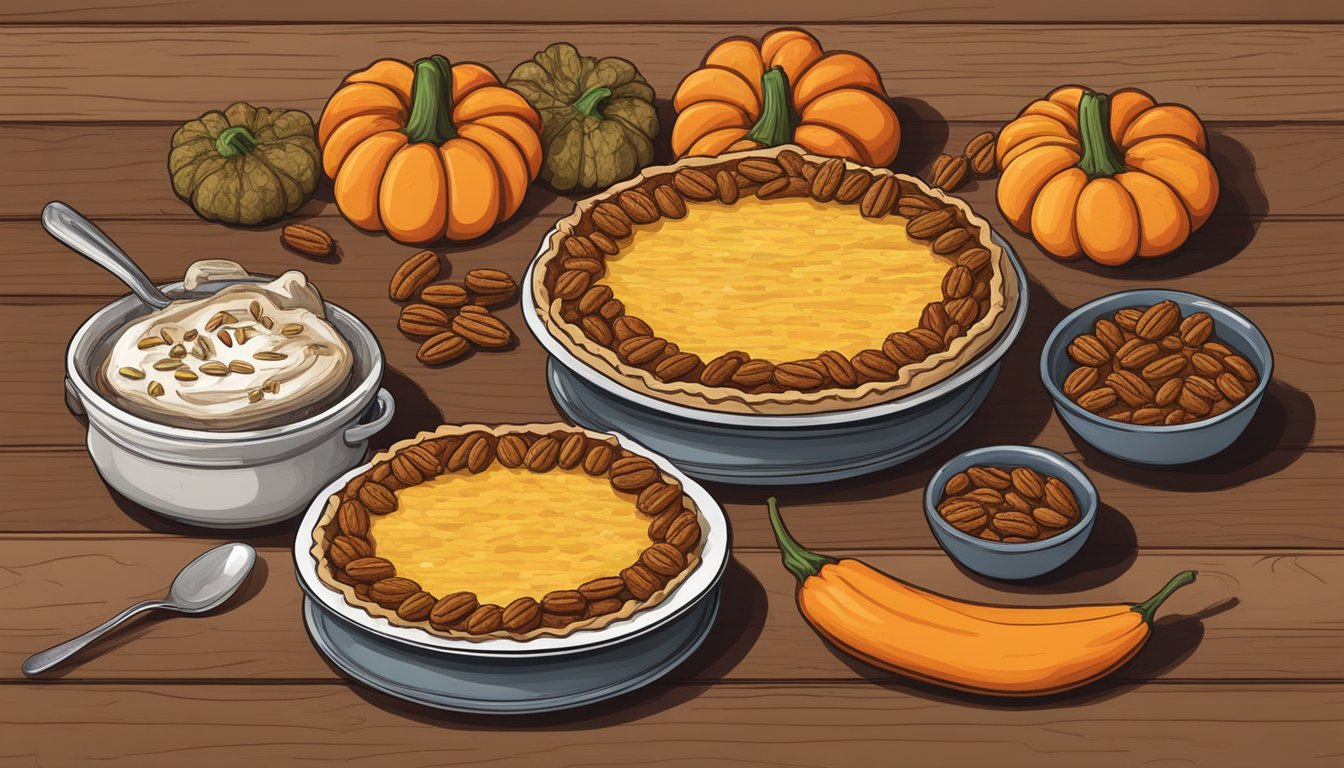 A rustic wooden table adorned with pumpkins, squash, pecans, corn, and chili peppers. A bowl of chili and a slice of pecan pie sit alongside