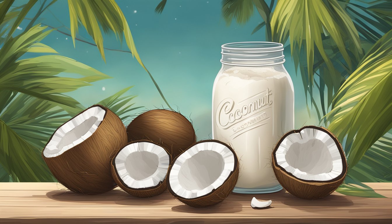 A mason jar filled with freshly made coconut milk sits on a rustic wooden table, surrounded by coconut shells and a few scattered coconuts