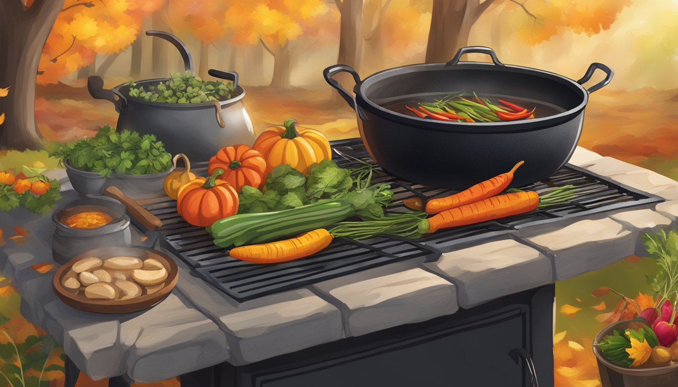 A rustic outdoor kitchen with a large cast-iron pot simmering over an open flame, surrounded by colorful autumn vegetables and herbs