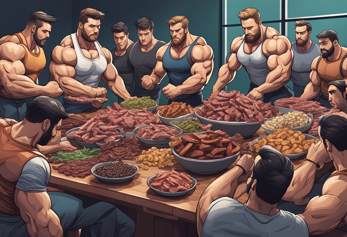 A group of bodybuilders surround a table piled high with various types of jerky, eagerly reaching for the protein-packed snacks