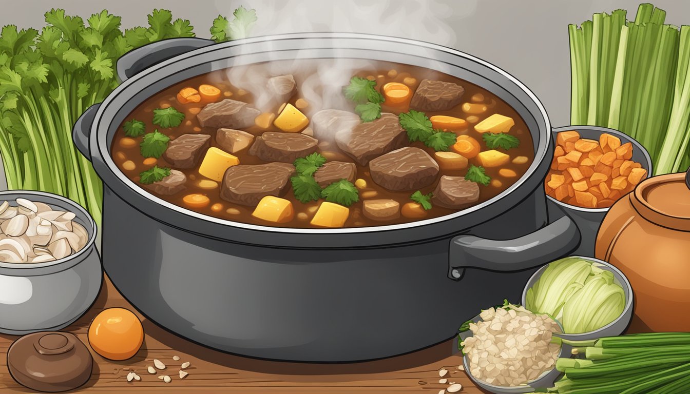 A bubbling pot of Texas stew and soup simmering over a crackling fire, surrounded by fresh celery and essential ingredients