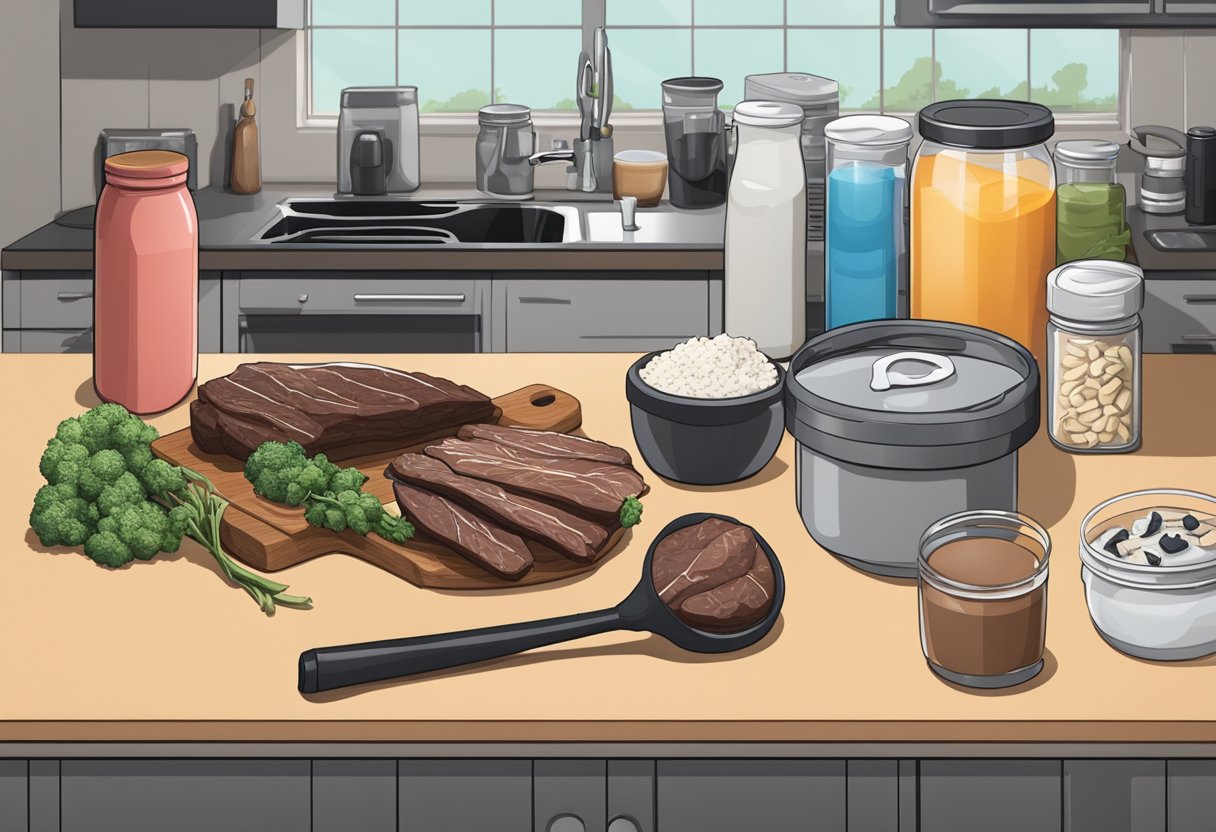 A bodybuilder's kitchen counter with a variety of jerky types neatly arranged next to a protein shake and a weightlifting belt