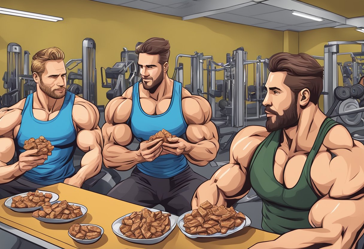 A group of body builders enjoying jerky snacks at the gym, discussing its high protein content and convenience for muscle recovery