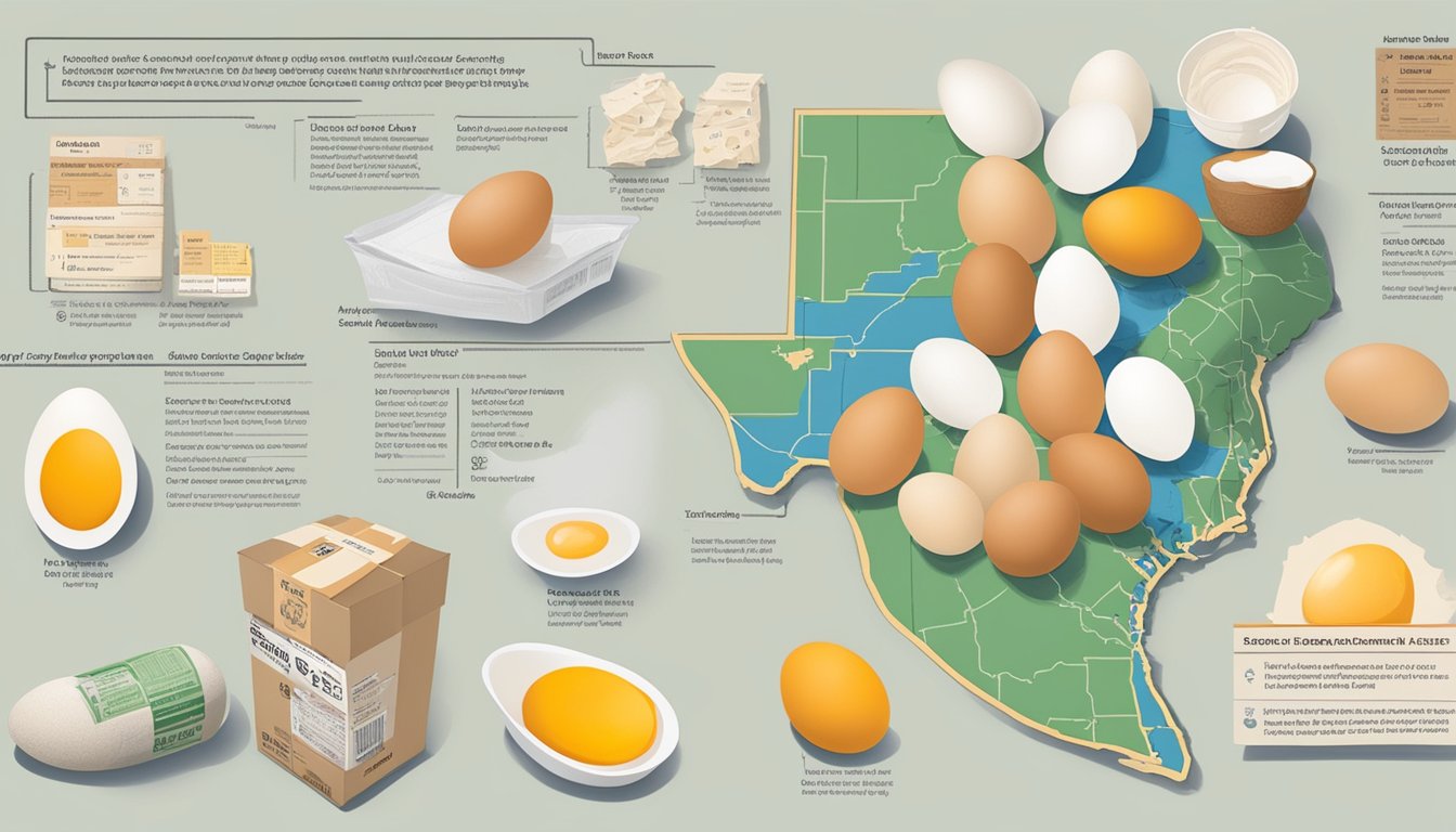 A carton of eggs with various labels and expiration dates, surrounded by safety tips pamphlets and a map of Texas