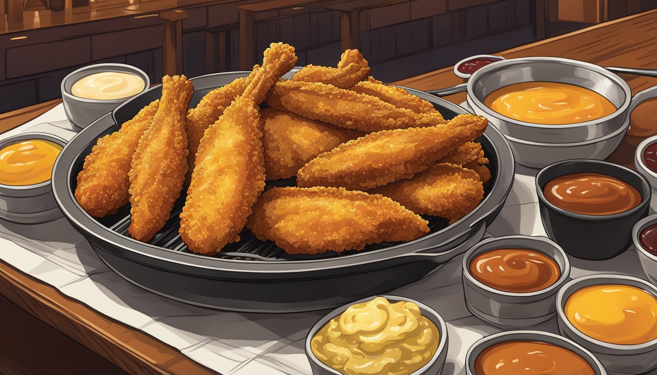 A sizzling skillet of golden chicken tenders surrounded by a variety of dipping sauces, set against the backdrop of a bustling Texas restaurant