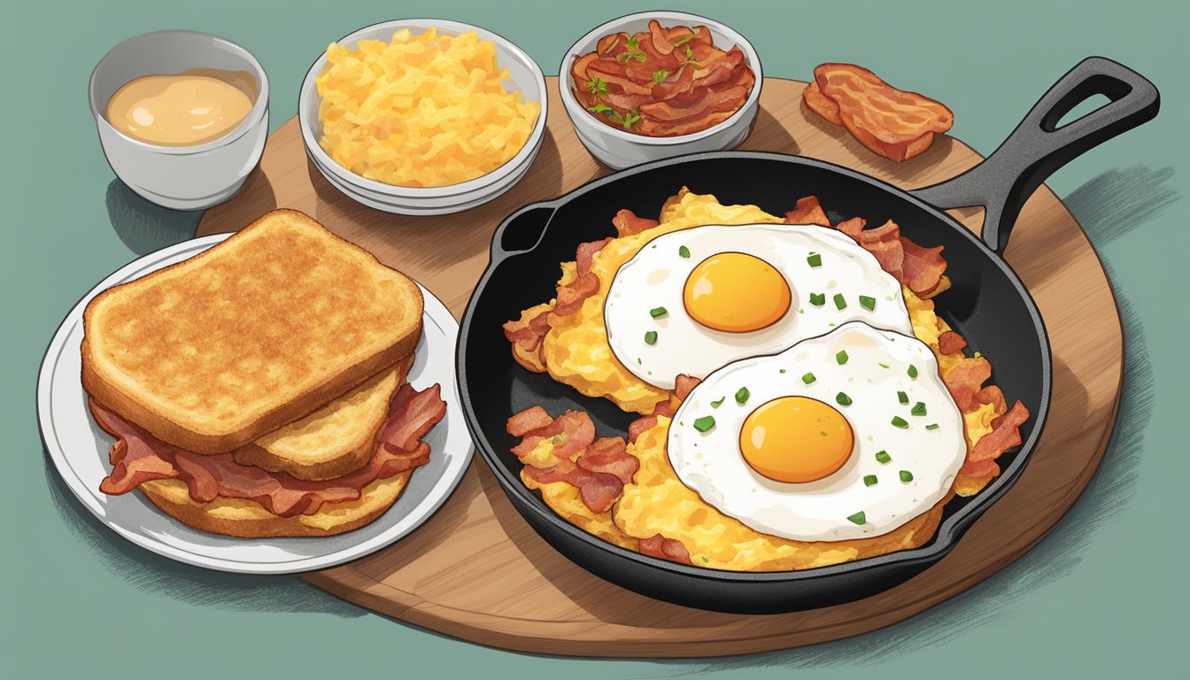 A sizzling skillet with two perfect over easy eggs, surrounded by a spread of crispy bacon, golden hash browns, and a side of warm, buttered toast