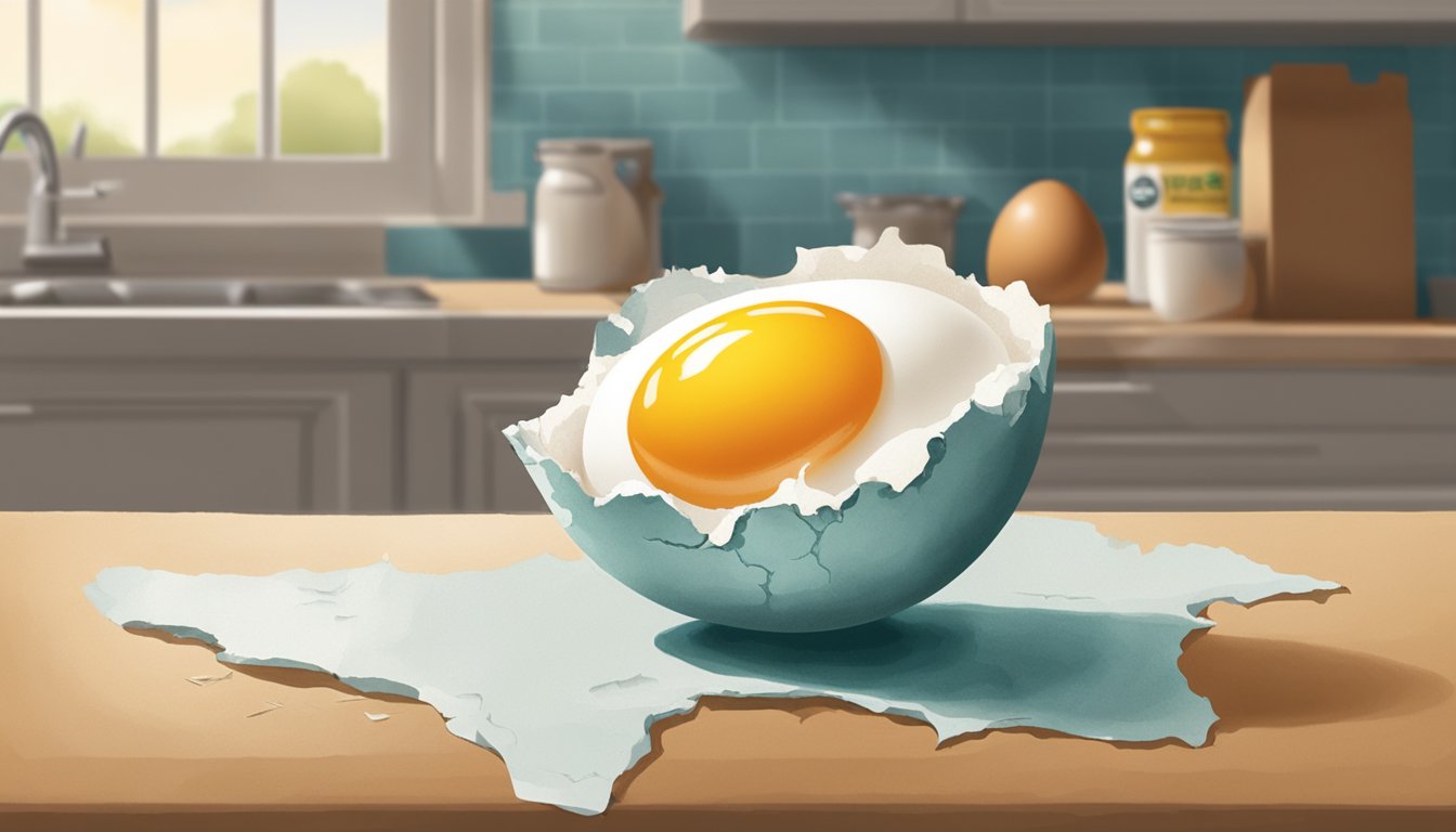 A cracked egg with a foul odor and discolored yolk sits next to a carton in a Texas kitchen