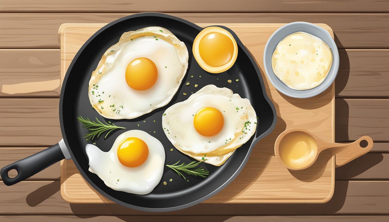 A skillet with sizzling eggs, a carton of eggs, a bottle of oil, and a spatula on a wooden cutting board