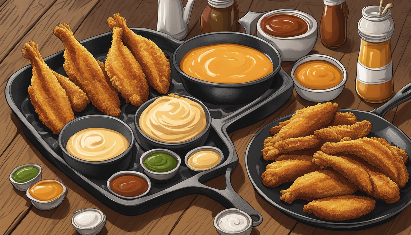 A sizzling skillet of golden-brown chicken tenders surrounded by a variety of dipping sauces, set against the backdrop of a rustic Texas kitchen