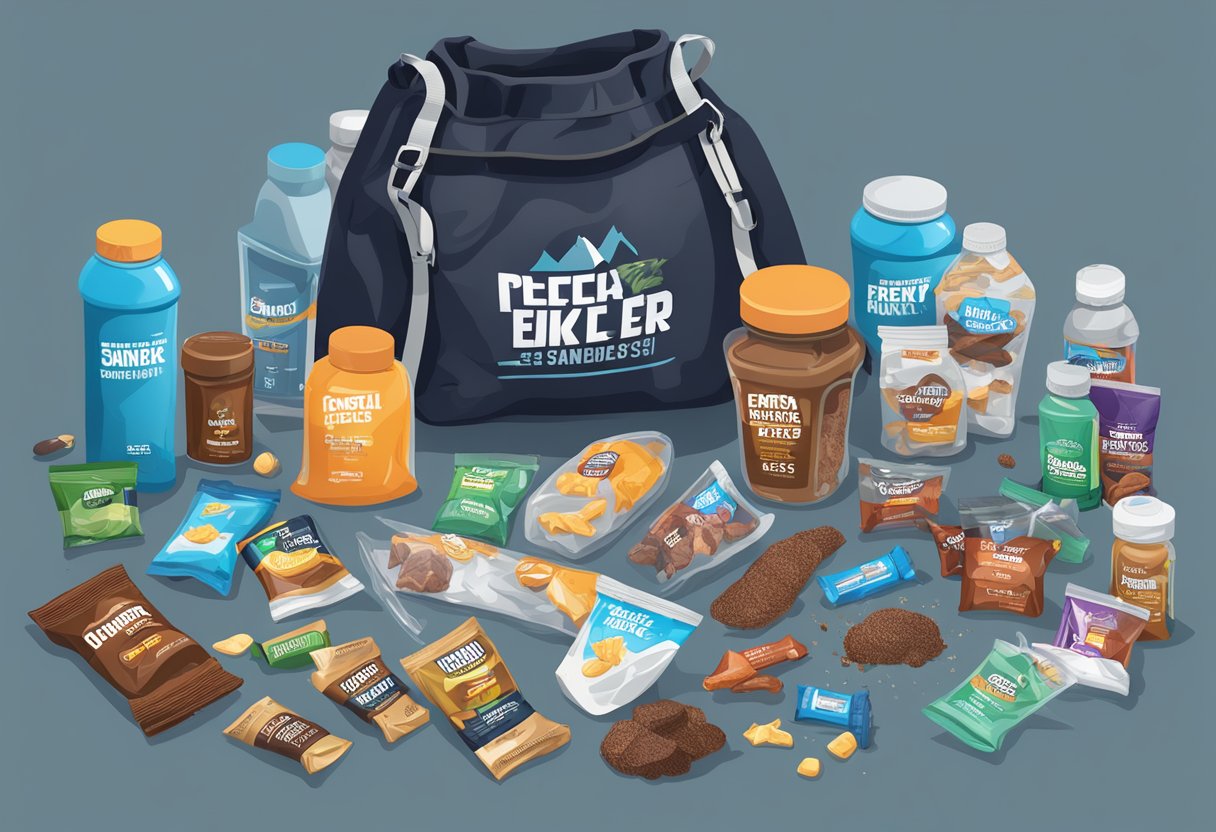 A bodybuilder's gym bag spills open, revealing a variety of jerky packs alongside protein powders and shaker bottles