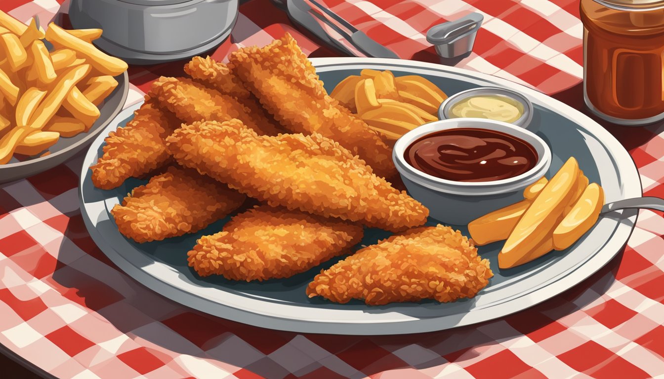 A platter of crispy, golden chicken tenders with a side of tangy barbecue sauce, served on a checkered tablecloth at a bustling Texas diner