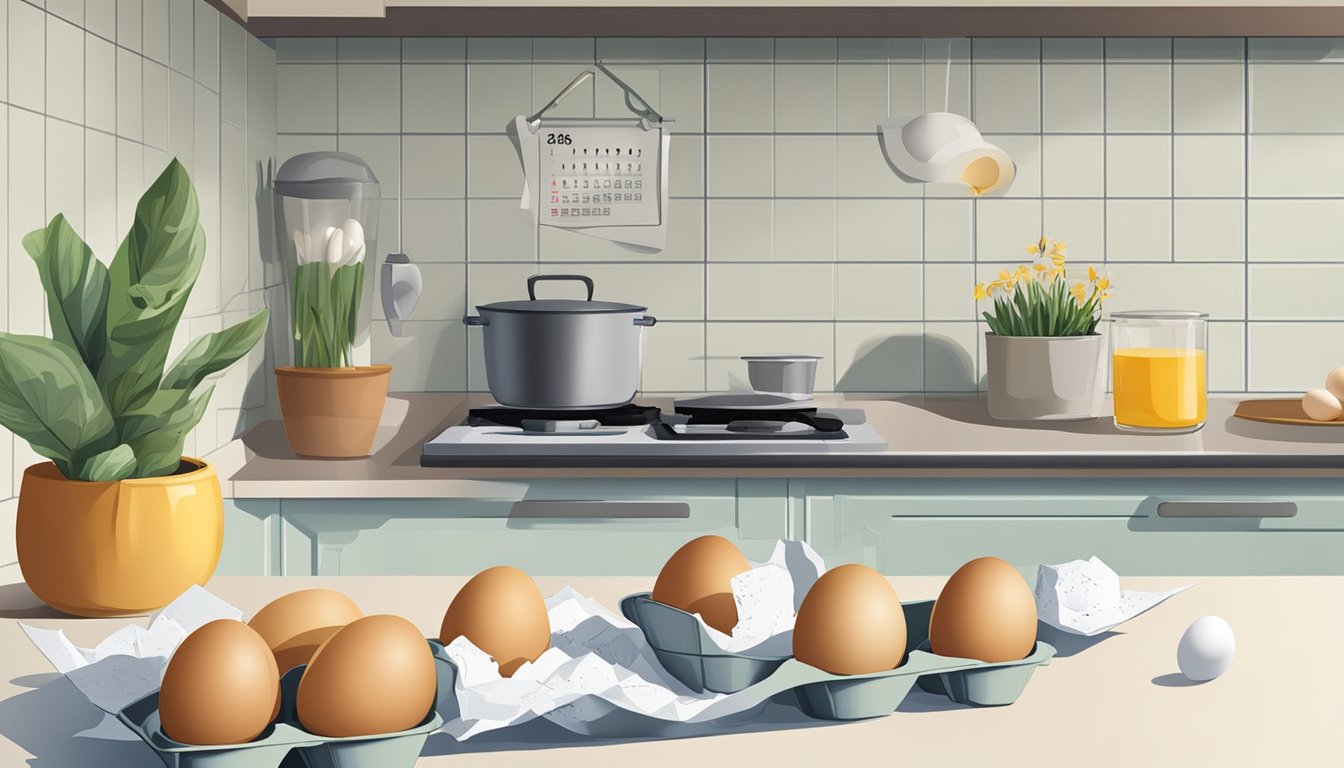 A carton of eggs sitting on a kitchen counter, with a few eggs cracked open to show the inside. A calendar on the wall indicates the current date