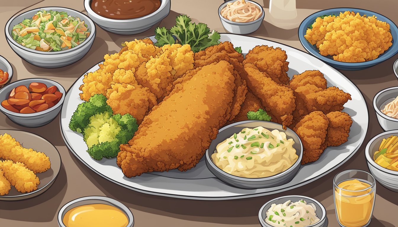 A plate of golden-fried chicken tenders surrounded by a variety of colorful and appetizing side dishes, such as coleslaw, cornbread, and mashed potatoes