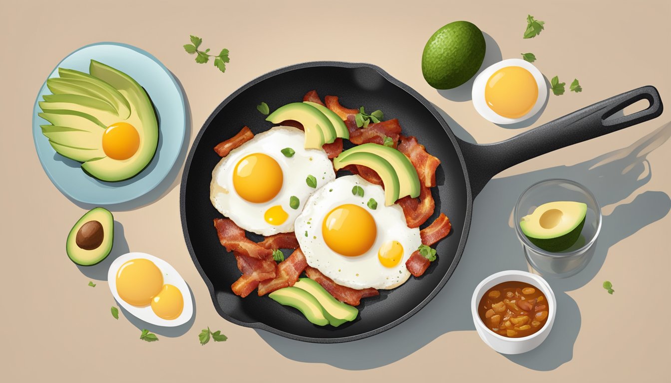 A sizzling skillet with two over easy eggs, surrounded by crispy bacon and a side of fresh avocado slices