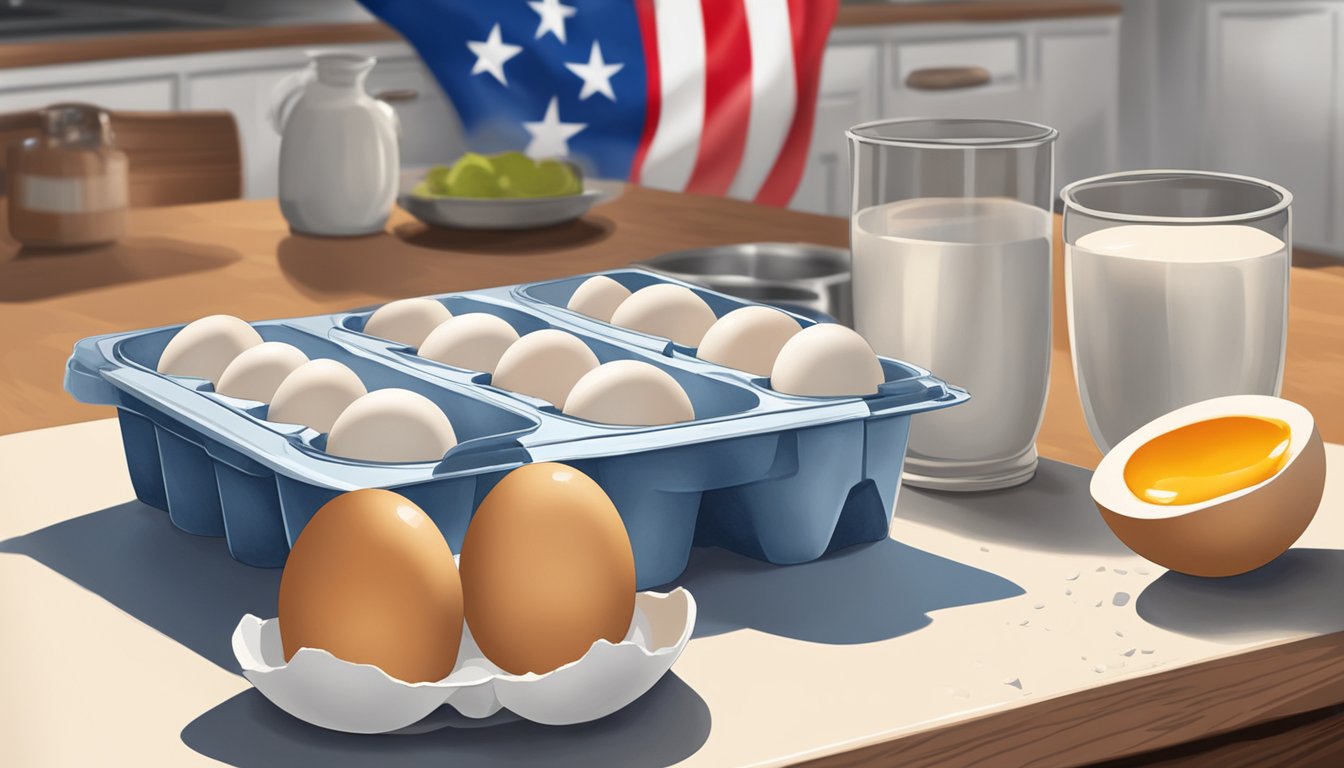 A carton of hard-boiled eggs sits on a kitchen counter, with a few eggs cracked open to show the inside. A Texas flag hangs on the wall in the background