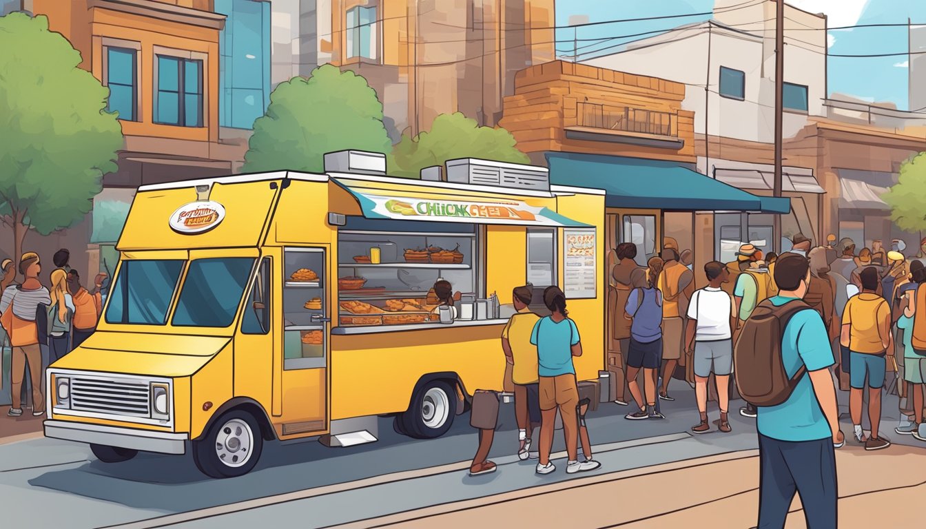 A bustling food truck park with colorful signage and a line of customers eagerly waiting for their orders of crispy, golden-brown chicken tenders in Texas