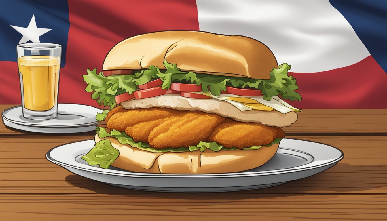 A plate of golden-brown chicken tenders and a stacked chicken sandwich on a wooden table, with a Texas flag in the background