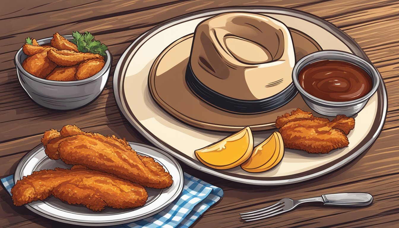 A cowboy hat on a wooden table with a plate of crispy chicken tenders and a side of tangy barbecue sauce